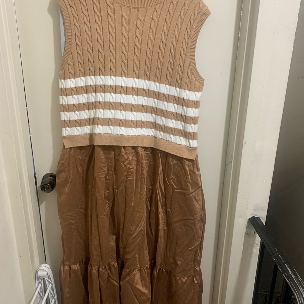 Tan and White Striped Sweater Dress